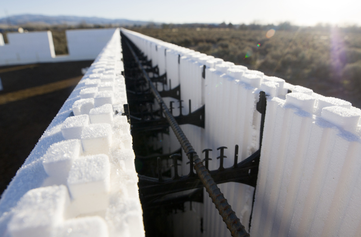 ICF (Insulated Concrete Form) walls under construction on a new house build in Idaho, USA.